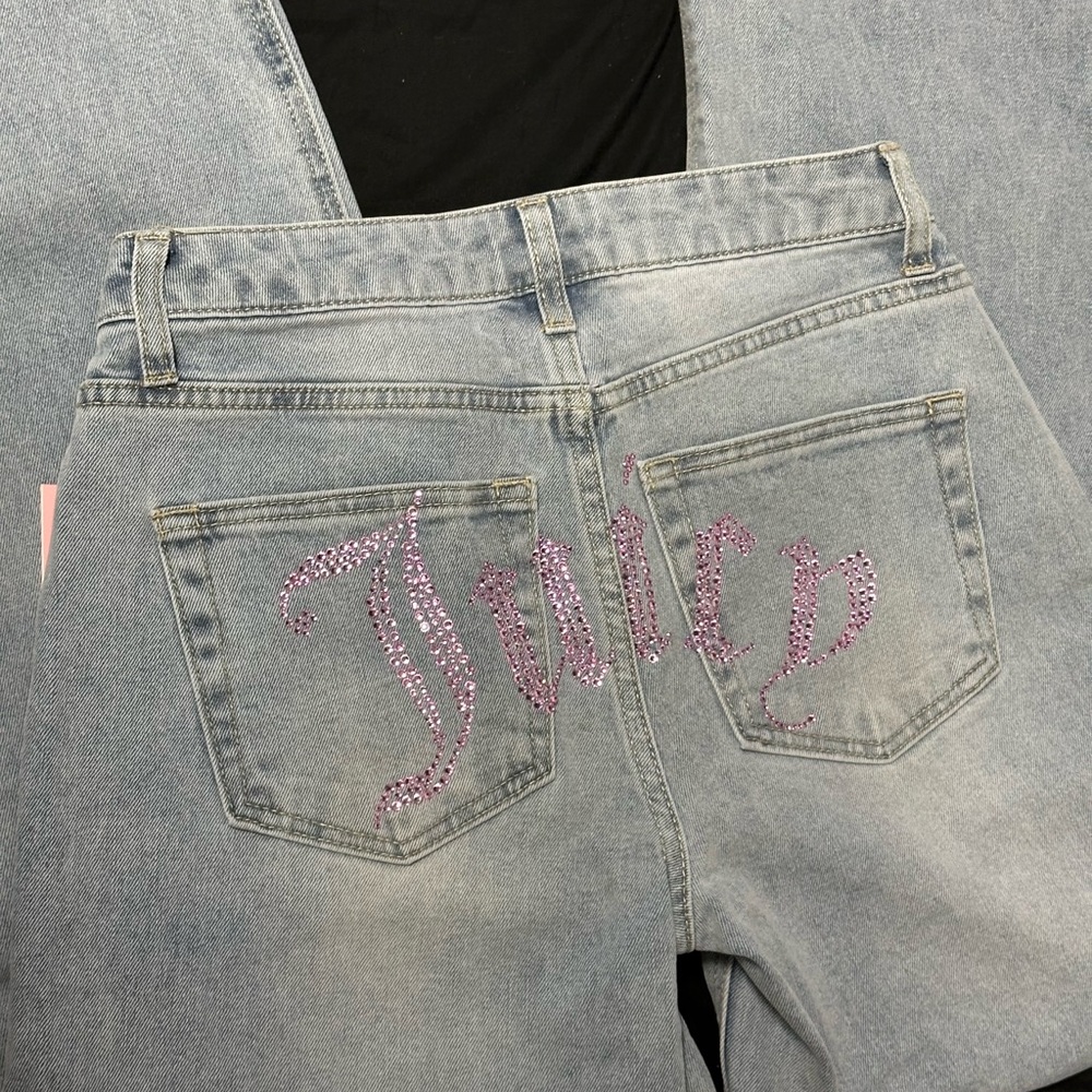 RARE Juicy Couture light wash wide leg pink rhinestone Embellished Jeans